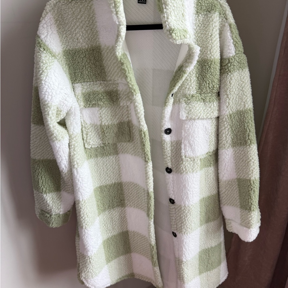 SHEIN Green and White Checkered Teddy Jacket